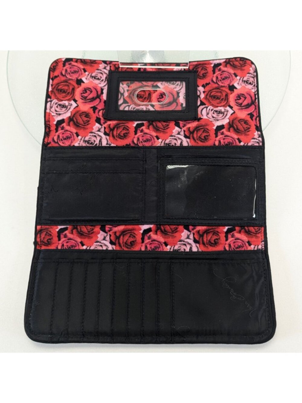 Vera Bradley Havana Polka Dots Trifold Wallet Black Red Roses Large - Picture 4 of 5